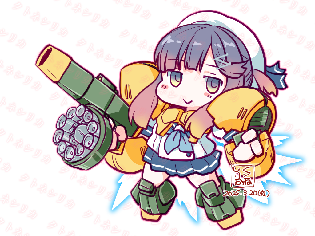 1girl artist_logo blue_neckerchief blue_sailor_collar blue_skirt dated full_body gloves gradient_hair gun hat kantai_collection kutone_shirika logo looking_at_viewer mecha_musume multicolored_hair neckerchief purple_eyes purple_hair sailor_collar sailor_hat school_uniform serafuku short_hair_with_long_locks sidelocks skirt solo tsushima_(kancolle) weapon white_gloves white_hat