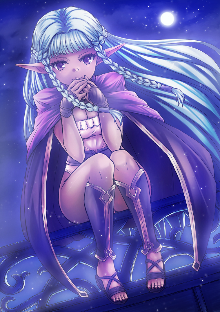 1girl aqua_hair braid breasts cleavage cloak dark-skinned_female dark_elf dark_skin elf full_moon kira_works leotard long_hair looking_at_viewer moon night night_sky pointy_ears rosalinde_(unicorn_overlord) sky smile solo strapless twin_braids unicorn_overlord very_long_hair white_leotard