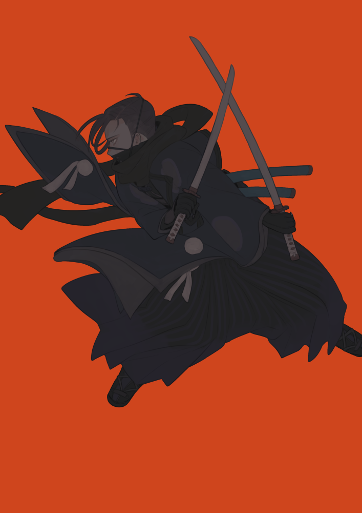 1boy black_gloves black_hakama black_jacket black_kimono black_scarf black_socks brown_hair crossed_swords dark dual_wielding fate/grand_order fate_(series) fighting_stance gloves hair_pulled_back hakama haori holding jacket japanese_clothes katana kimono legs_apart looking_to_the_side male_focus mask mouth_mask ooba profile purple_eyes red_background scarf sheath short_hair simple_background socks solo standing sword tabi waraji weapon wide_sleeves yamanami_keisuke_(fate)
