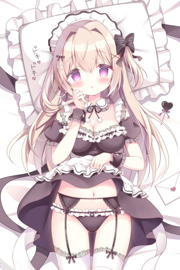 1girl :o azumi_kazuki bed_sheet black_bow black_panties black_skirt black_sleeve_cuffs black_sleeves blush bow breasts candy cleavage clothes_lift collar commentary_request cowboy_shot detached_collar detached_sleeves food frilled_hairband frills garter_belt hair_bow hair_ornament hairband hairpin hand_up heart letter lifting_own_clothes light_brown_hair lollipop long_hair looking_at_viewer lying medium_breasts midriff navel on_back original panties pillow puffy_short_sleeves puffy_sleeves purple_eyes short_sleeves skirt skirt_lift solo thighhighs underwear very_long_hair white_collar white_hairband white_thighhighs
