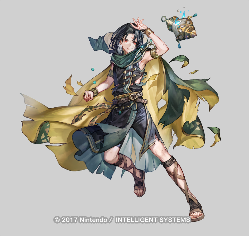 1boy androgynous armlet armpits belt black_hair bracelet cape commentary_request company_name facial_mark fire_emblem fire_emblem:_radiant_dawn fire_emblem_heroes floating floating_object forehead_mark gladiator_sandals green_cape grey_background hood hooded_cape jewelry lantern male_focus nintendo official_art red_eyes sandals senano-yu simple_background soren_(fire_emblem) soren_(khadein)_(fire_emblem) torn_clothes two-sided_cape two-sided_fabric yellow_cape
