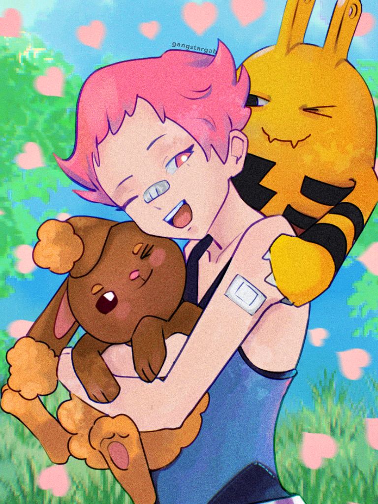 buneary elekid gangstargab gen_2_pokemon gen_4_pokemon maylene_(pokemon) nintendo pink_hair pokemon pokemon_(creature) pokemon_dppt short_hair smile