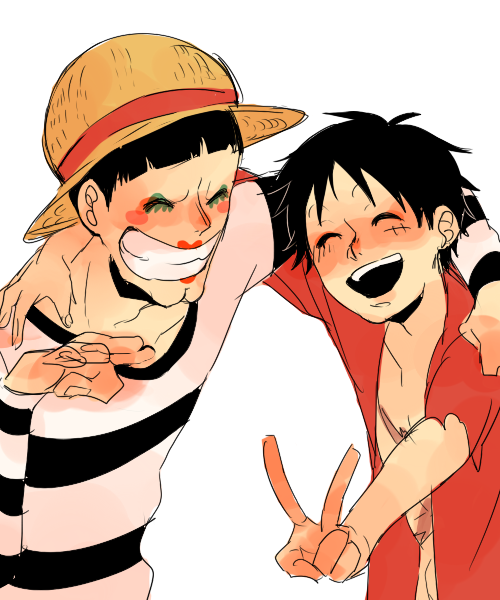 2boys ^_^ black_hair bon_clay closed_eyes commentary_request hat jacket jump_(ah0029) makeup male_focus monkey_d._luffy multiple_boys one_piece open_clothes open_jacket prison_clothes red_shirt scar scar_on_chest scar_on_face shirt short_hair simple_background smile straw_hat upper_body v white_background