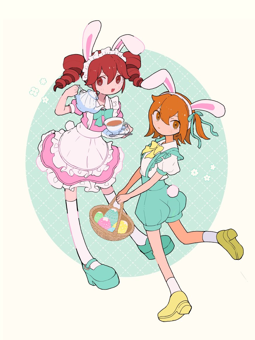 2girls a.i._voice adachi_rei alternate_costume animal_ears apron aqua_bow aqua_bowtie aqua_shoes aqua_shorts basket bow bowtie closed_mouth commentary cup dress drill_hair easter easter_egg egg fake_animal_ears frilled_apron frills full_body hair_between_eyes hair_ribbon holding holding_basket holding_cup holding_teapot jacket kasane_teto looking_at_viewer maid_headdress multiple_girls one_side_up open_clothes open_jacket orange_eyes orange_hair pink_dress puffy_short_sleeves puffy_shorts puffy_sleeves rabbit_ears rabbit_tail red_eyes red_hair ribbon s1ho_(ukiy0u0) shirt shoes short_dress short_sleeves shorts smile socks suspender_shorts suspenders symbol-only_commentary tail teacup teapot thighhighs twin_drills utau waist_apron white_apron white_shirt white_socks white_thighhighs yellow_bow yellow_bowtie yellow_shoes