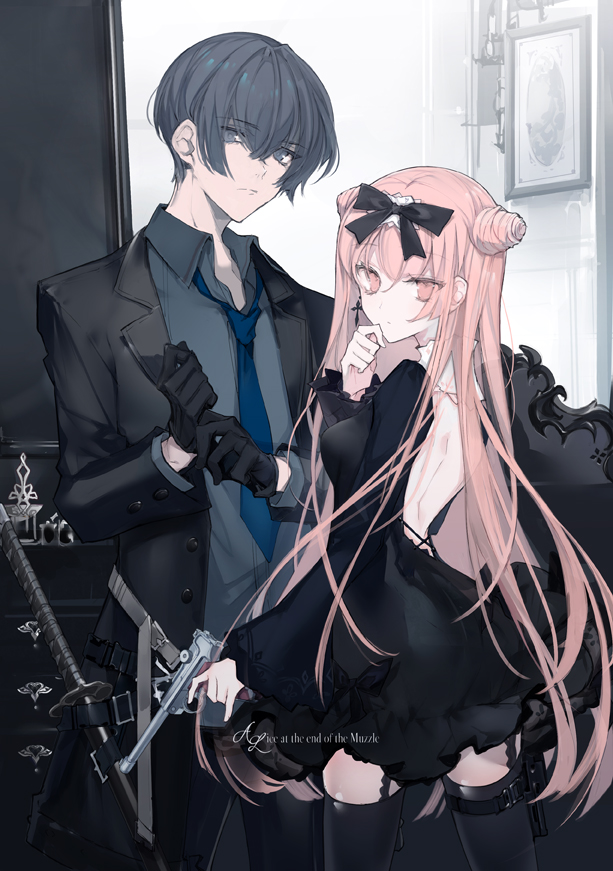1boy 1girl backless_dress backless_outfit black_coat black_dress black_eyes black_gloves black_hair black_pants black_thighhighs blue_neckwear blue_shirt cierra_(ra-bit) coat collared_shirt commentary cowboy_shot dress earrings english_commentary english_text garter_straps gloves gun hair_between_eyes hair_ribbon handgun holding holding_gun holding_weapon indoors jewelry long_hair long_sleeves looking_at_viewer luger_p08 necktie original pants pink_eyes pink_hair pistol ribbon shirt short_hair standing sword thighhighs weapon