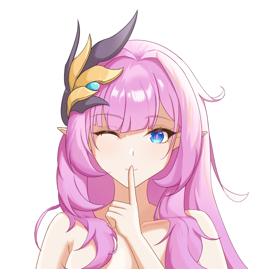 1girl ;) blue_eyes chinese_commentary collarbone commentary_request eclipse. elf elysia_(honkai_impact) elysia_(miss_pink_elf)_(honkai_impact) finger_to_mouth hair_ornament honkai_(series) honkai_impact_3rd looking_at_viewer nude one_eye_closed pink_hair pointy_ears simple_background smile solo upper_body white_background