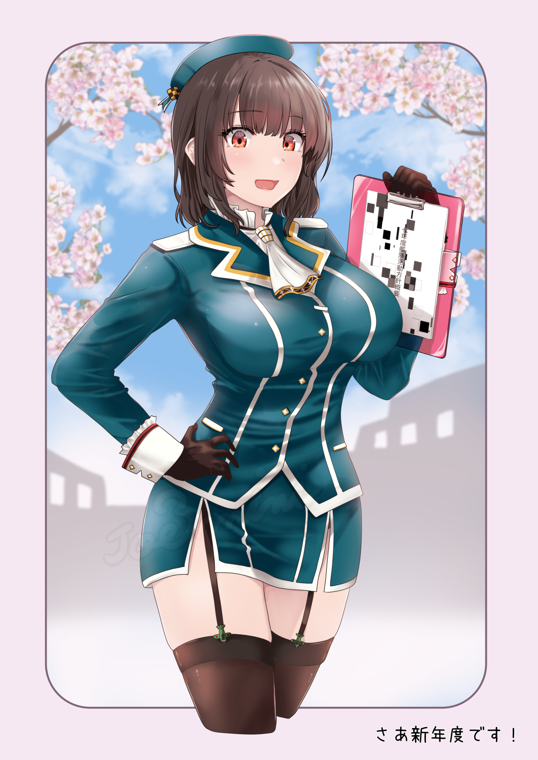 1girl aqua_hat aqua_jacket aqua_skirt ascot beret black_garter_straps black_gloves black_hair black_thighhighs breasts cherry_blossoms clipboard garter_straps gloves hat highres holding holding_clipboard jacket jouzaburou_(joe3) kantai_collection large_breasts long_sleeves military_uniform open_mouth red_eyes short_hair skirt smile solo standing takao_(kancolle) thighhighs white_ascot