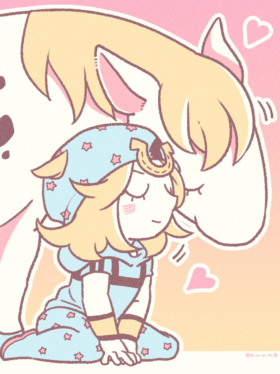 1boy beanie blonde_hair blue_hat blue_hoodie blue_pants blush chibi chibi_only closed_eyes commentary hat heart highres hood hood_down hoodie horse horseshoe_hat_ornament horseshoe_ornament johnny_joestar jojo_no_kimyou_na_bouken m_a_a_m_8 male_focus outline pants sitting slow_dancer_(jojo) smile star_(symbol) star_print steel_ball_run symbol-only_commentary wariza