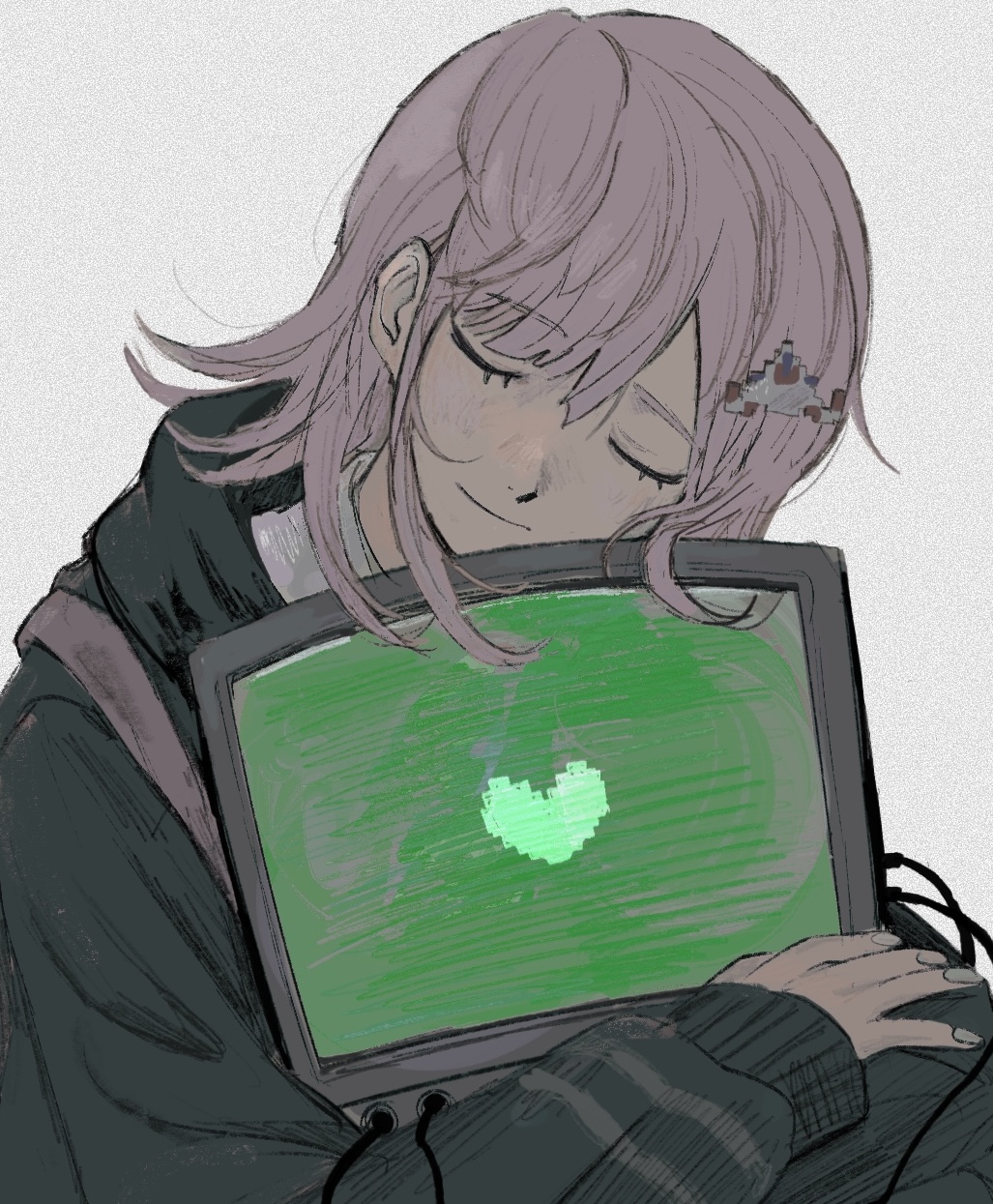 1girl backpack bag black_jacket brown_hair closed_eyes closed_mouth danganronpa_(series) danganronpa_2:_goodbye_despair grey_background heart highres hood hood_down hooded_jacket jacket long_sleeves medium_hair nanami_chiaki sema_(vivaviva_02) simple_background smile solo spaceship_hair_ornament upper_body