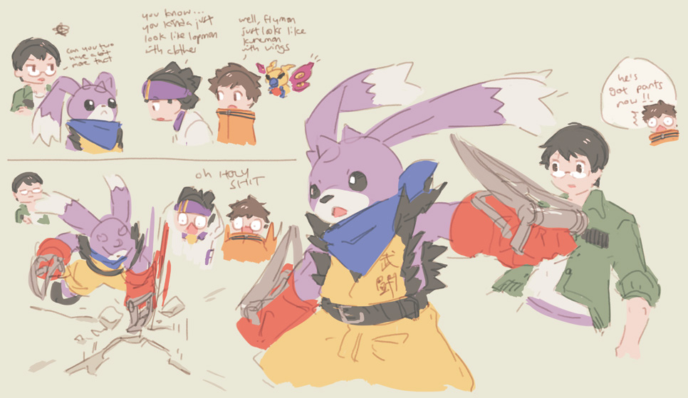 3boys belt digimon digimon_survive flymon glasses hinata_minoru horns kayama_shuuji looking_at_another multiple_boys scarf tominaga_ryo turuiemon wings