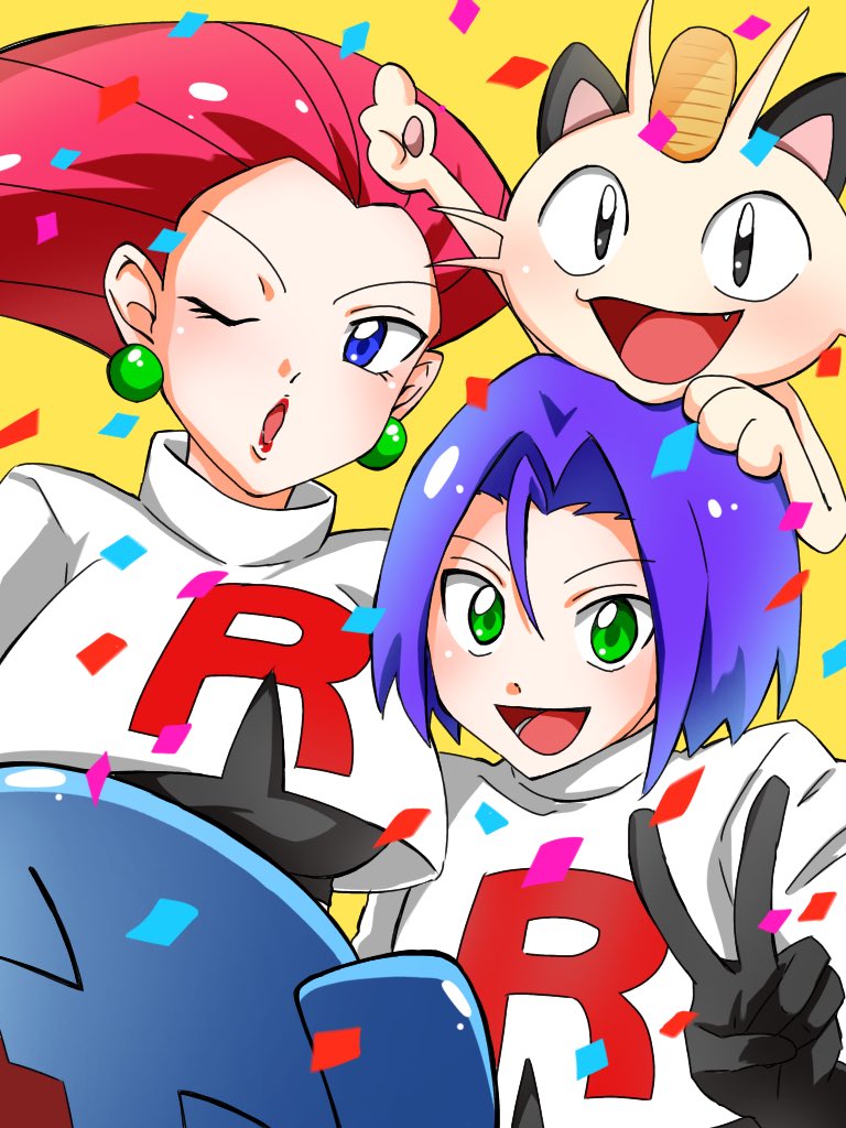 1boy 1girl blue_eyes blue_hair confetti creatures_(company) game_freak gen_1_pokemon gen_2_pokemon gloves green_eyes h_dt15 james_(pokemon) jessie_(pokemon) looking_at_viewer meowth nintendo one_eye_closed pokemon pokemon_(anime) pokemon_(classic_anime) purple_hair red_hair team_rocket team_rocket_uniform wobbuffet yellow_background