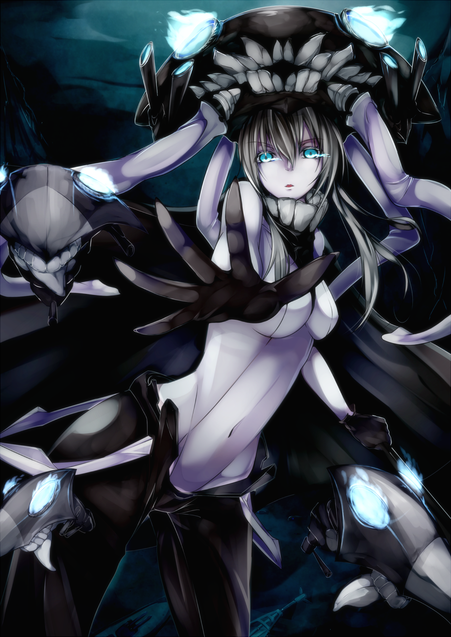 10s 1girl abyssal_ship aircraft airplane bodysuit breasts cannon cape enemy_aircraft_(kancolle) gloves glowing glowing_eyes hat highres jet kantai_collection long_hair medium_breasts monster open_mouth pale_skin pants personification ship_turret silver_hair unatimuna wo-class_aircraft_carrier
