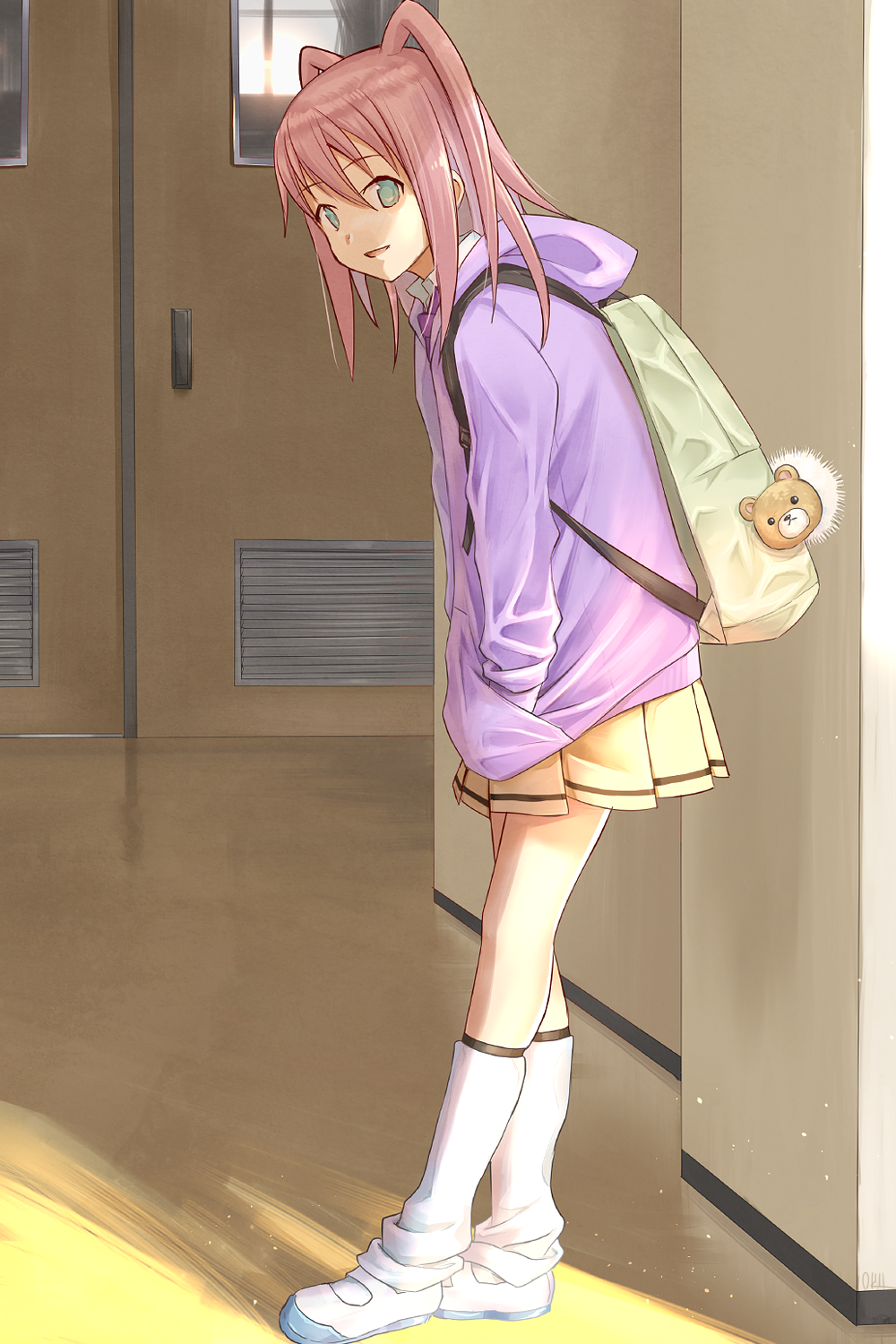 1girl backpack bag bag_charm bear_charm charm_(object) collared_shirt commentary_request door green_eyes hair_between_eyes hallway hands_in_pocket highres hood hood_down hoodie indoors leaning_forward long_hair long_sleeves looking_at_viewer loose_socks miniskirt necktie nemoto_hina okiru open_mouth pink_hair pleated_skirt purple_hoodie purple_necktie school_bag school_uniform shirt shoes skirt smile socks solo standing two_side_up uwabaki watashi_ga_motenai_no_wa_dou_kangaetemo_omaera_ga_warui! white_shirt white_shoes white_socks yellow_skirt