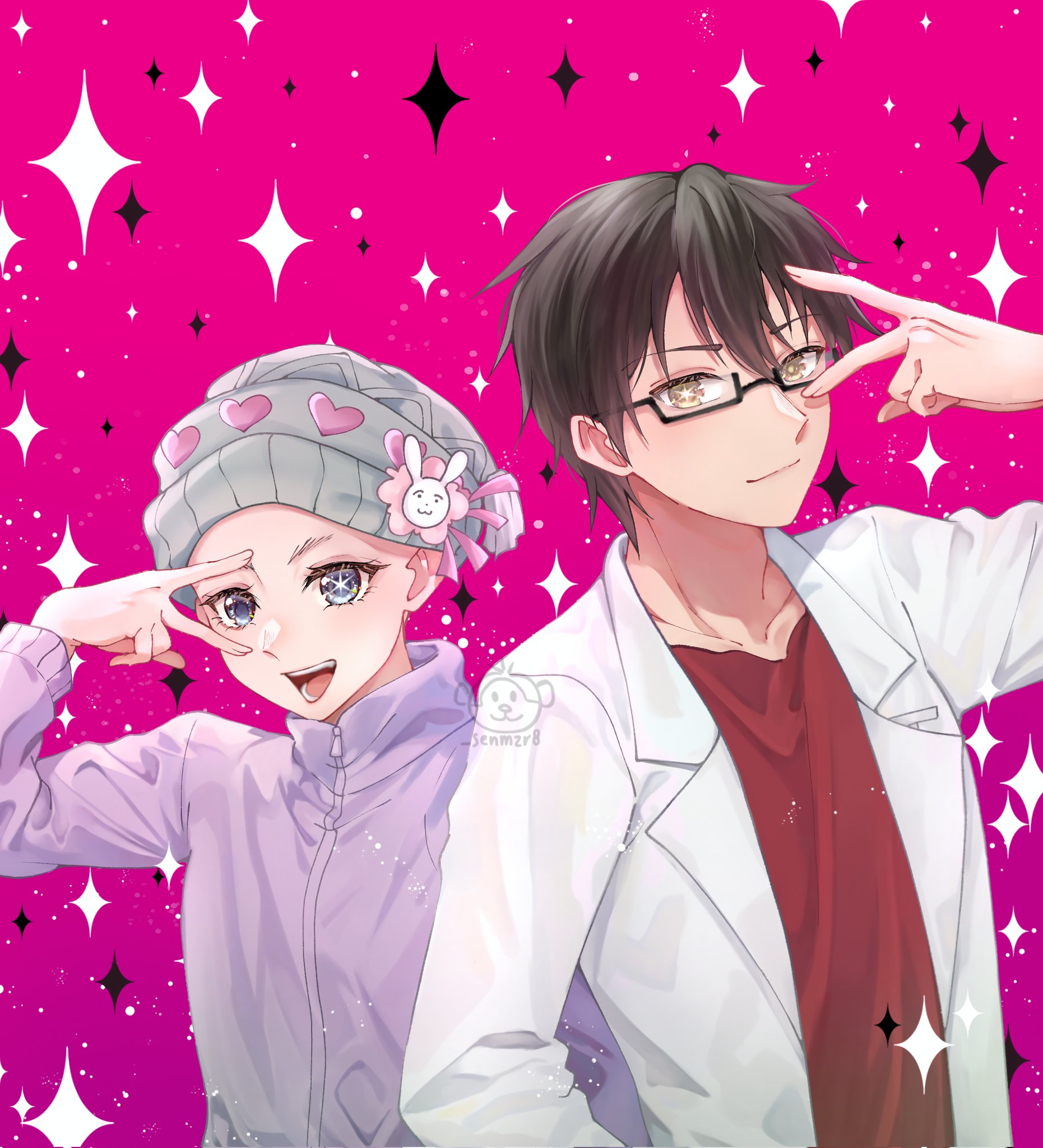1boy 1girl amamiya_gorou bald beanie black_hair brown_eyes collared_jacket doctor glasses hat hat_ornament highres ibispaint_(medium) jacket lab_coat open_mouth oshi_no_ko pose_imitation purple_jacket rabbit_ornament semi-rimless_eyewear sen_(senmzr8) short_hair star-shaped_pupils star_(symbol) symbol-shaped_pupils teeth tendouji_sarina twitter_username v