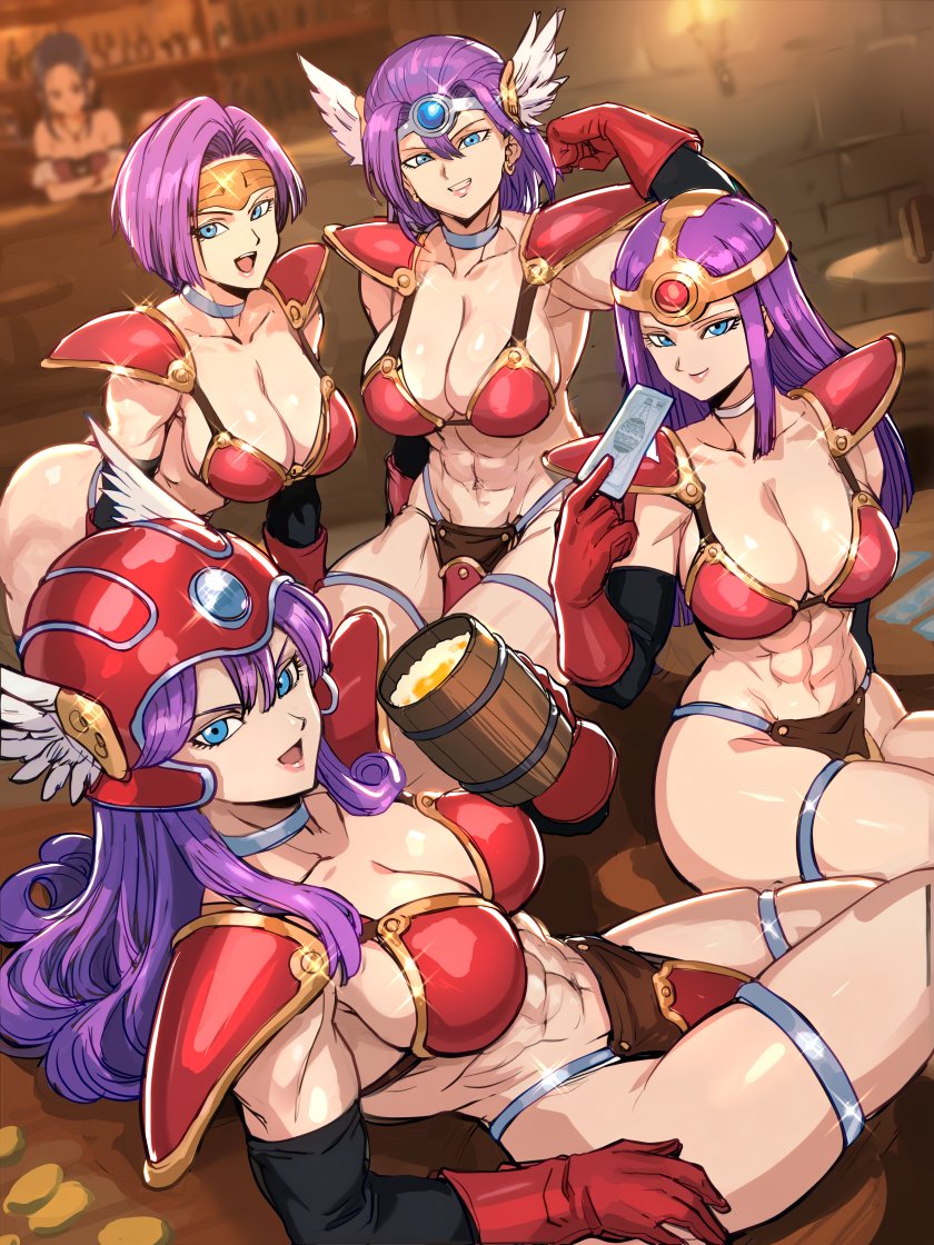 5girls abs adapted_costume alcohol armor bar_(place) beer bikini_armor blue_eyes breasts character_request circlet dragon_quest dragon_quest_iii flexing forehead_jewel helmet indoors jewelry kisuu large_breasts manya_(dq4) multiple_girls muscular muscular_female open_mouth purple_hair red_armor shoulder_armor sitting warrior_(dq3) thief_(dq3) thighlet winged_helmet