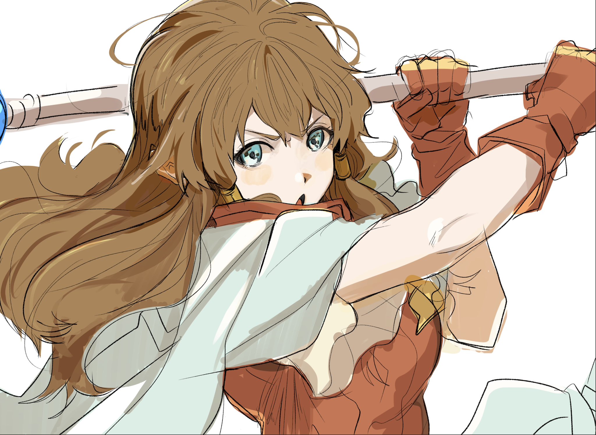 1girl blue_eyes brown_hair fire_emblem fire_emblem:_radiant_dawn gloves hair_ornament hair_tubes highres holding holding_staff long_hair mist_(fire_emblem) mist_(radiant_dawn)_(fire_emblem) nintendo sketch solo staff sutekina_yari upper_body white_background