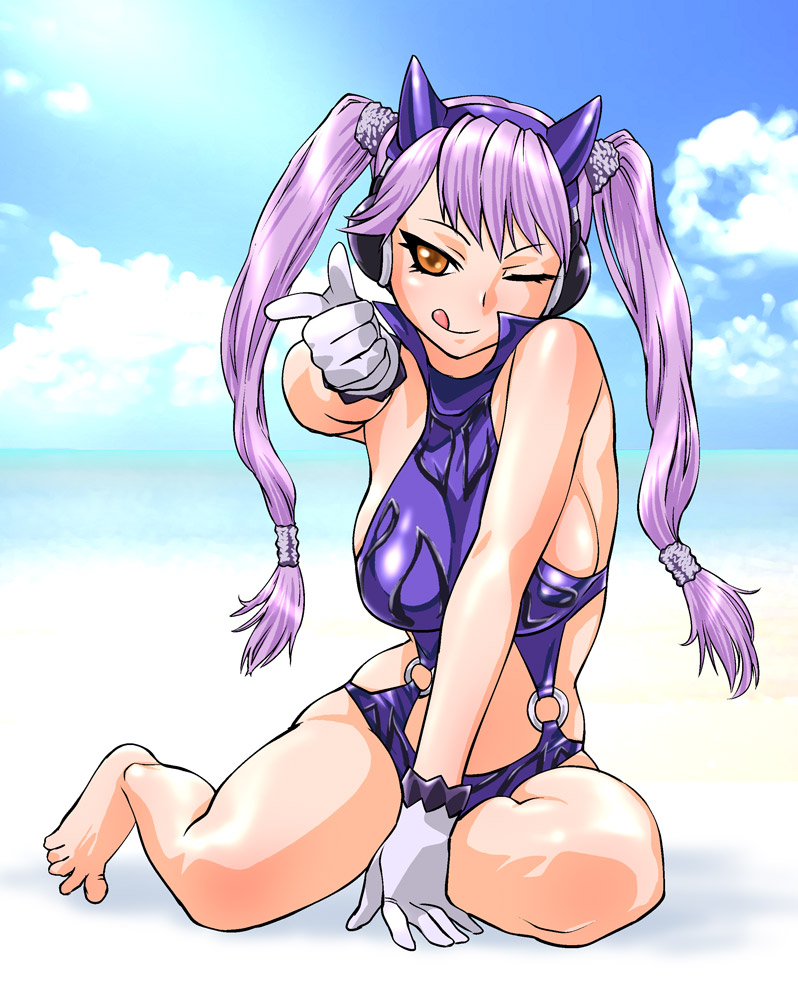 1girl :p :q ;p ;q barefoot beach between_legs breasts casual_one-piece_swimsuit cloud day female_focus finger_gun genderswap genderswap_(mtf) gloves horns kamen_rider kamen_rider_den-o kamen_rider_den-o_(series) large_breasts long_hair ocean one-piece_swimsuit one_eye_closed outdoors popped_collar purple_hair ryutaros ryuutaros sideboob sitting solo swimsuit tongue tongue_out twintails ueyama_michirou wink yokozuwari