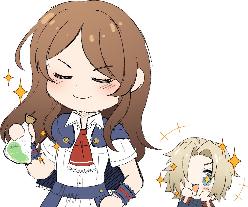 1boy 1girl ascot blonde_hair blue_capelet brown_hair capelet castlevania:_portrait_of_ruin castlevania_(series) charlotte_aulin closed_eyes flying_sweatdrops jonathan_morris muffywaifu red_ascot simple_background slime_(creature) smile sparkle sparkling_eyes white_background