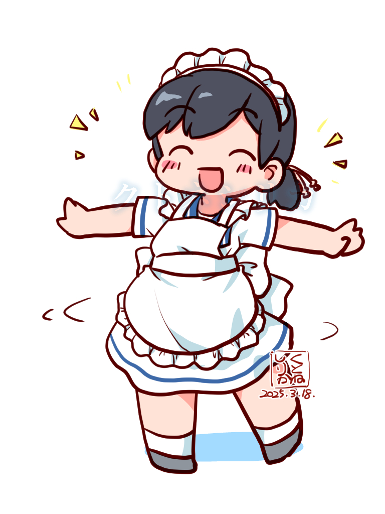 1girl apron artist_logo black_hair blue_sailor_collar closed_eyes dated dress facing_viewer hiburi_(kancolle) kantai_collection kutone_shirika logo low_ponytail maid_headdress outstretched_arms ponytail sailor_collar sailor_dress short_hair simple_background smile solo white_background white_dress