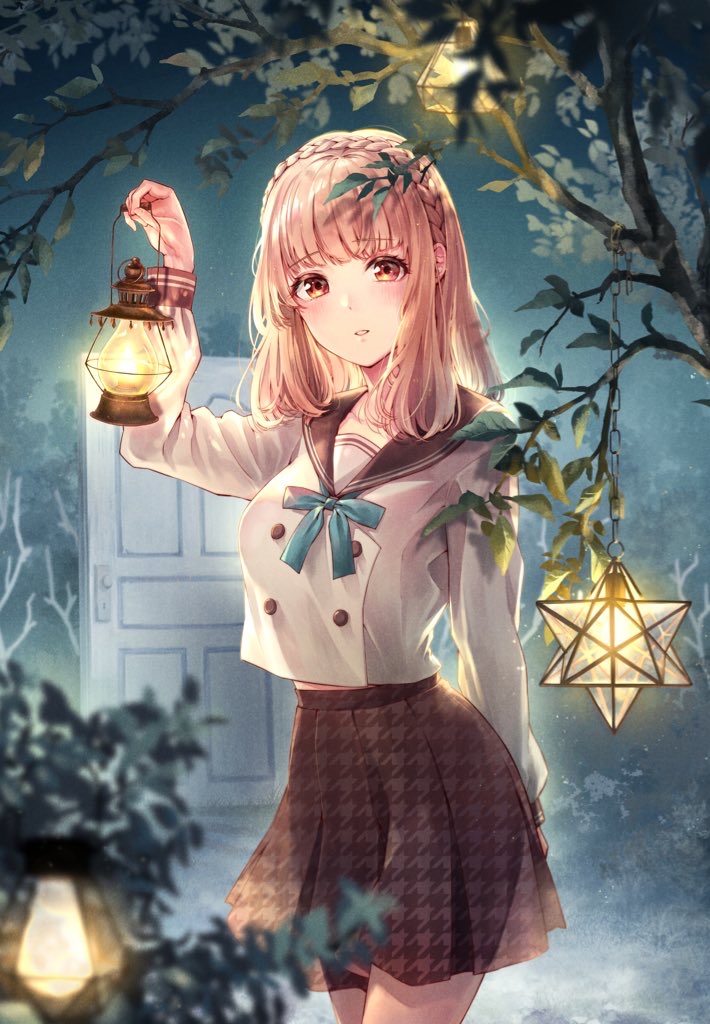 1girl arm_behind_back arm_up black_skirt blonde_hair blue_bow blue_bowtie bow bowtie braid breasts brown_eyes commentary_request cowboy_shot cup door drinking_glass french_braid holding_lamp hurricane_glass itsuka_nemuri_ni_tsuku_hi large_breasts light_blush long_sleeves looking_at_viewer medium_hair morino_hotaru night official_art parted_lips pleated_skirt school_uniform serafuku skirt solo tenacitysaho tree white_serafuku