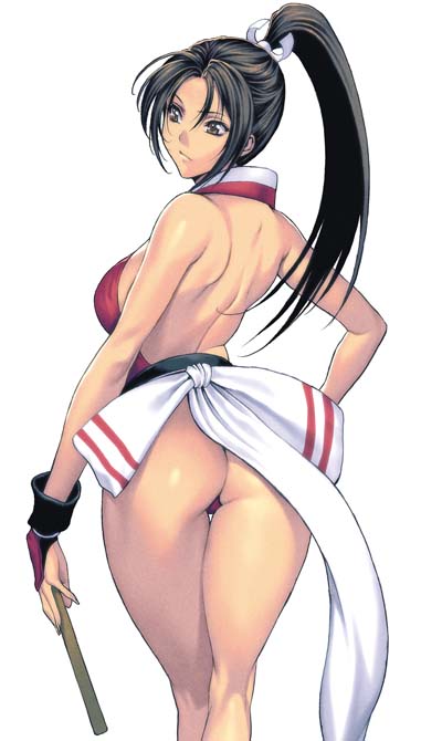 1girl ass back backless_outfit bare_back black_eyes black_hair breasts bridal_gauntlets brown_hair fatal_fury female_focus folded_fan folding_fan from_behind frown hair_ribbon hand_fan hand_on_own_hip high_ponytail hip_focus holding holding_fan homare_(fool&#039;s_art) japanese_clothes kneepits large_breasts legs long_hair looking_away looking_back matching_hair/eyes ninja panties ponytail red_panties ribbon sash shiranui_mai sideboob simple_background snk solo standing the_king_of_fighters thigh_gap thighs thong underwear