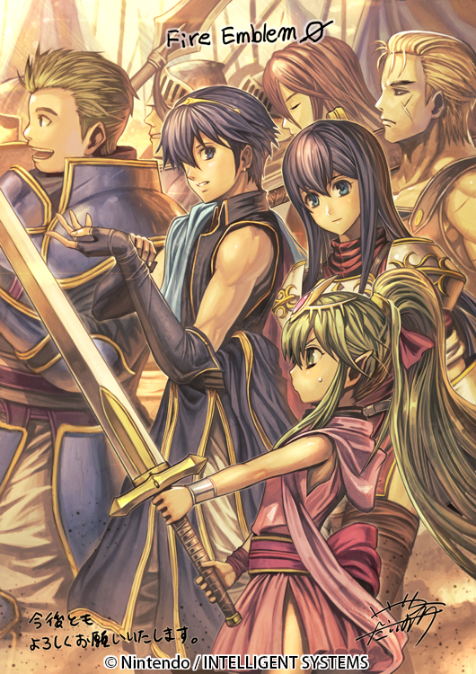 2girls 4boys armor blonde_hair blue_eyes blue_hair caeda_(fire_emblem) commentary_request company_name copyright_name draug_(fire_emblem) fire_emblem fire_emblem:_shadow_dragon fire_emblem_cipher from_side green_eyes green_hair high_ponytail holding holding_sword holding_weapon izuka_daisuke long_hair marth_(fire_emblem) multiple_boys multiple_girls navarre_(fire_emblem) nintendo official_art ogma_(fire_emblem) pointy_ears ponytail scar scar_on_face short_hair signature sword tiara tiki_(fire_emblem) tiki_(young)_(fire_emblem) translation_request weapon