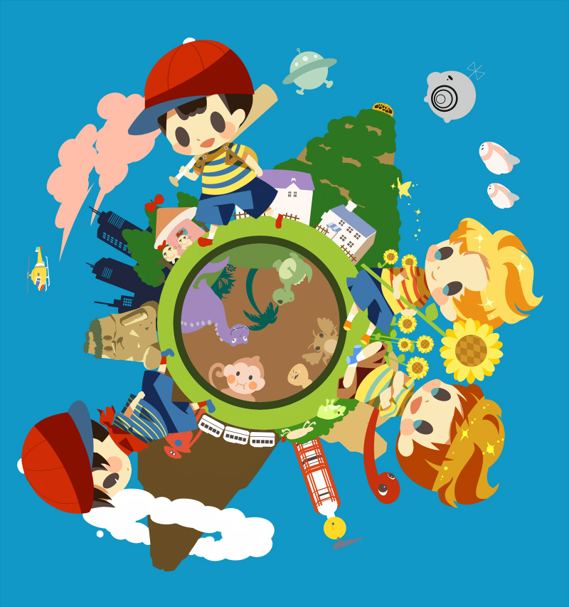 4boys aircraft animal arms_at_sides bandana bandana_around_neck baseball_cap black_eyes blonde_hair blue_background blue_eyes blue_footwear blue_shorts blush_stickers brown_hair bubble_monkey bug building butterfly city claus_(mother_3) crossed_arms dinosaur doseisan dungeon_man_(mother_2) eve_(mother) field flower flower_field frog full_body hat helicopter hitofutarai holding holding_flower house insect looking_at_another lucas_(mother_3) meteor mother_(series) mother_1 mother_2 mother_3 mountain multiple_boys ness_(mother_2) ninten nintendo on_mini_planet orange_shoes over_shoulder palm_tree red_bandana red_footwear red_headwear red_socks shirt shoes shorts sitting skyscraper snake socks solid_oval_eyes striped_clothes striped_shirt sunflower sunflower_field tree ufo walking white_socks yellow_butterfly yellow_flower