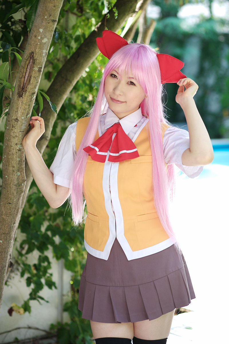 1girl asian chippi color_contacts cosplay female_focus highres long_hair looking_at_viewer munakata_shiho munakata_shiho_(cosplay) my-hime outdoors photo_(medium) pink_hair school_uniform solo thighhighs tree zettai_ryouiki