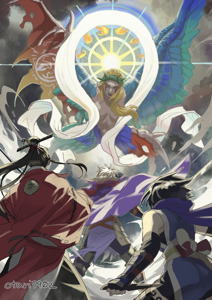 1girl 1other 2boys azami_(saga) black_hair blonde_hair canon_genderswap genderswap genderswap_(mtf) indesign long_hair multiple_boys ninja protagonist_(romancing_saga_2) romancing_saga_2 saga square_enix wagnas white_hair wings