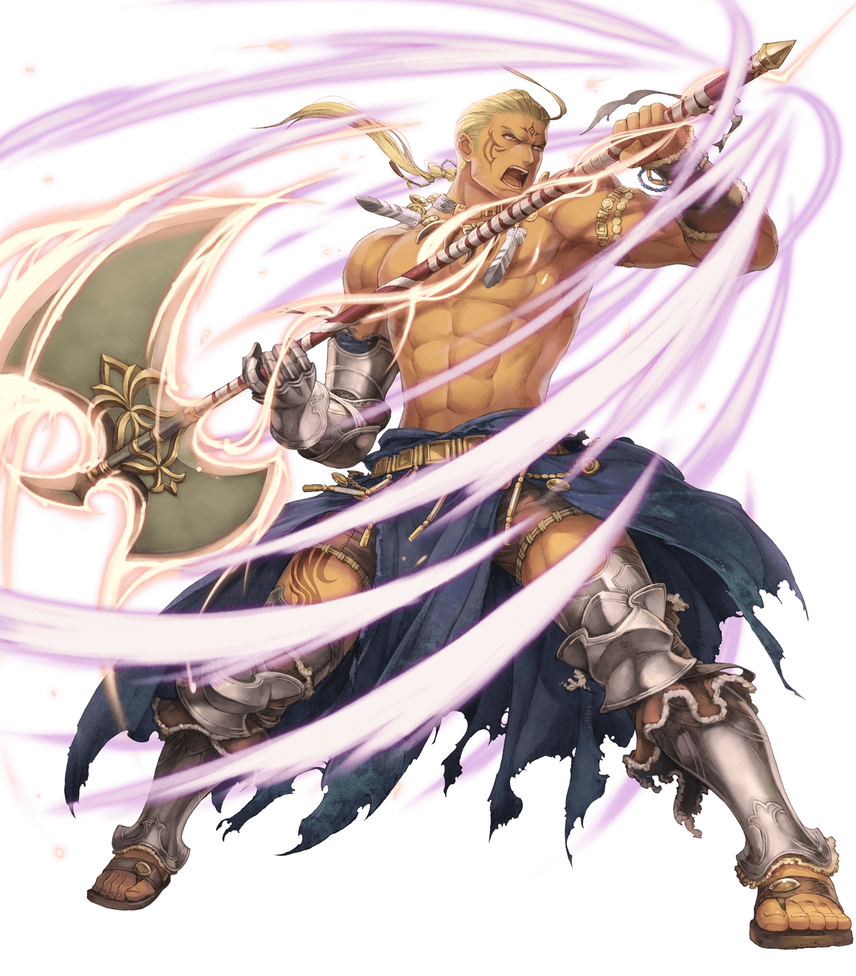1boy abs ahoge axe blonde_hair bracelet dark_skin dark-skinned_male facial_mark facial_tattoo feathers fire_emblem fire_emblem:_the_blazing_blade fire_emblem_heroes full_body gloves haccan hawkeye_(fire_emblem) highres holding holding_axe huge_weapon jewelry long_hair low_ponytail male_focus manly markings muscular necklace nintendo official_art open_mouth orange_eyes pectorals ponytail sandals serious topless_male solo tattoo teeth toeless_legwear toes transparent_background weapon