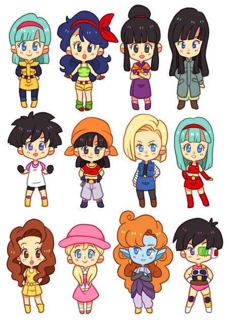 1990s_(style) 6+girls :o android_18 bandana black_eyes black_hair blue_eyes blue_hair blue_skin boots bra_(dragon_ball) bracelet brown_eyes brown_hair bulma chi-chi_(dragon_ball) chibi choker coat colored_skin crossed_arms curly_hair dragon_ball dragon_ball_(classic) dragon_ball_gt dragonball_z dress earrings gloves hair_bun hairband hands_on_own_hips hat jewelry knee_boots long_hair loose_necktie lunch_(dragon_ball) lunch_(good)_(dragon_ball) mai_(dragon_ball) marron_(dragon_ball) midriff mohawk multiple_earrings multiple_girls mushroomcatnumberplate necktie open_mouth orange_hair palace_(dragon_ball) pan_(dragon_ball) parted_lips pigeon-toed pink_background pink_hair pointy_ears polka_dot purple_skin retro_artstyle scouter seripa short_hair shorts simple_background single_hair_bun skirt smile spiked_bracelet spiked_choker spikes tail tank_top torn_clothes twintails vest videl white_background white_hair zangya