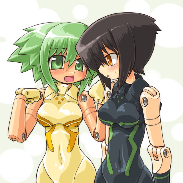 10s bad_id bad_pixiv_id black_hair blush busou_shinki dd_(ijigendd) doll_joints fang fangs green_eyes green_hair howling_(busou_shinki) joints maochao yellow_eyes