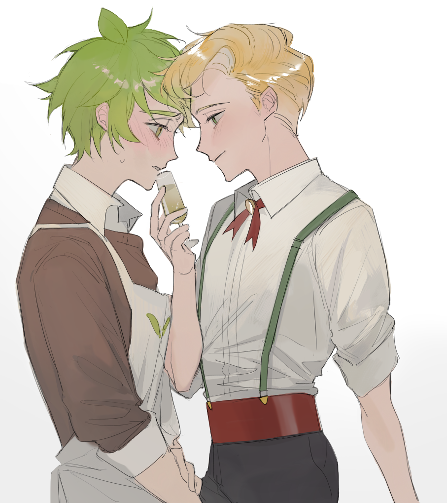 2boys alcohol apron arm_at_side bishounen black_pants blonde_hair blush brooch brown_sweater champagne collared_shirt cookie_run cowboy_shot cup dirsch face-to-face forehead-to-forehead furrowed_brow glass green_hair hand_on_own_arm hand_up heads_together herb_cookie holding holding_cup humanization jewelry light_smile male_focus messy_hair multiple_boys nose_blush pants parted_lips red_sash sash shirt short_hair simple_background three-quarter_sleeves sleeves_rolled_up sparkling_cookie suspenders sweatdrop sweater very_short_hair white_apron white_background white_shirt wing_collar yaoi
