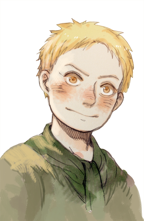 1boy aged_down blonde_hair blush child green_shirt looking_at_viewer male_focus nose_blush portrait prema-ja reiner_braun shingeki_no_kyojin shirt short_hair smile solo yellow_eyes