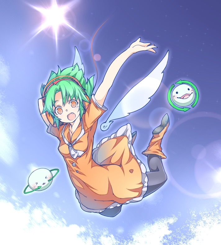 1girl black_pantyhose blue_sky boots breasts buttons chunithm cloud commentary_request detached_wings dress falling freedom_dive frilled_dress frills full_body green_hair headphones looking_at_viewer open_mouth orange_boots orange_dress orange_eyes ototobe outdoors pantyhose short_hair short_sleeves sky sky_feather_(chunithm) small_breasts smile solo sun white_wings wings