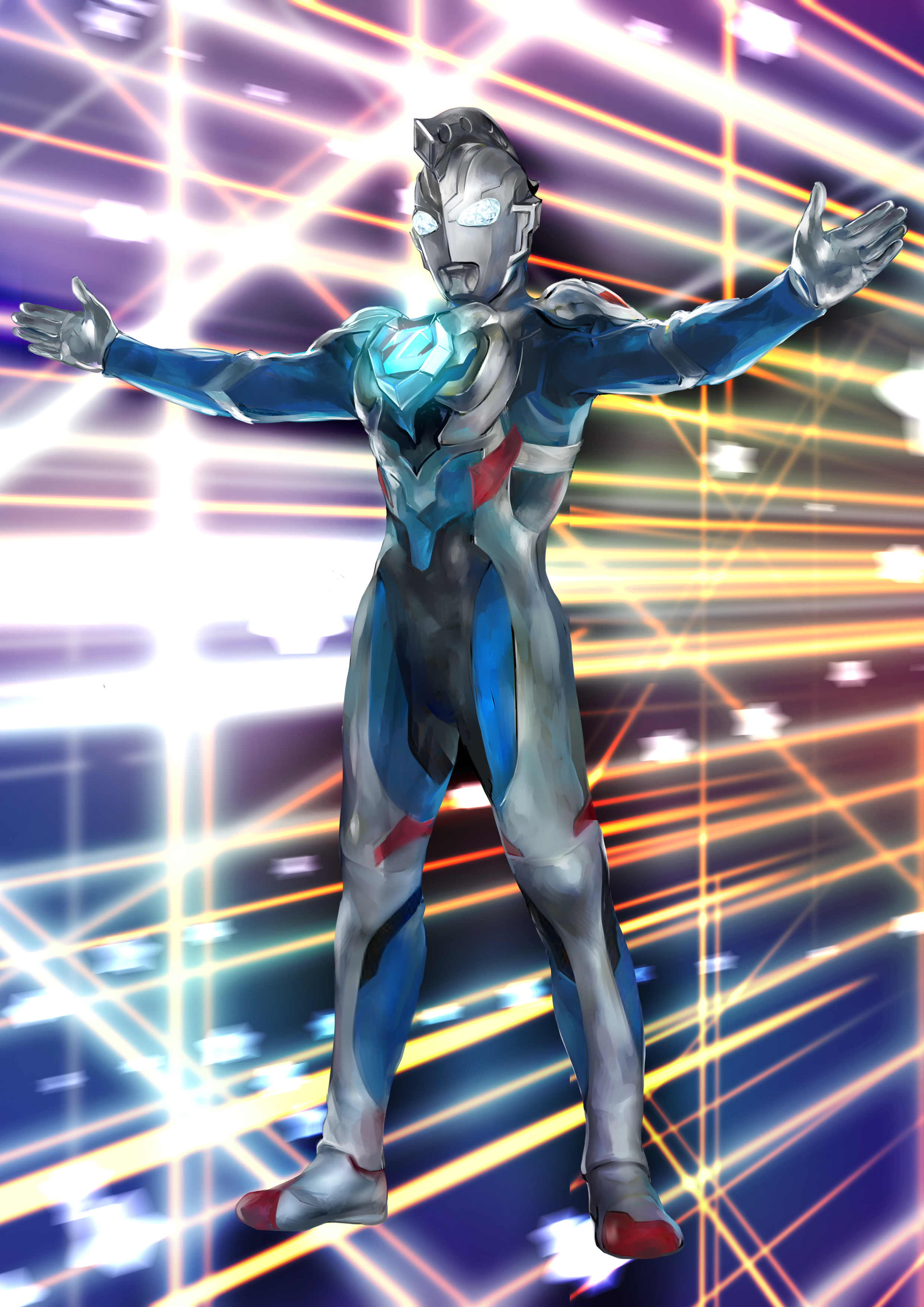 1boy absurdres alien floating glowing glowing_eyes highres looking_ahead male_focus omotyazukiyasan outstretched_arms t-pose tokusatsu ultra_series ultraman_z ultraman_z_(original) ultraman_z_(series) white_eyes
