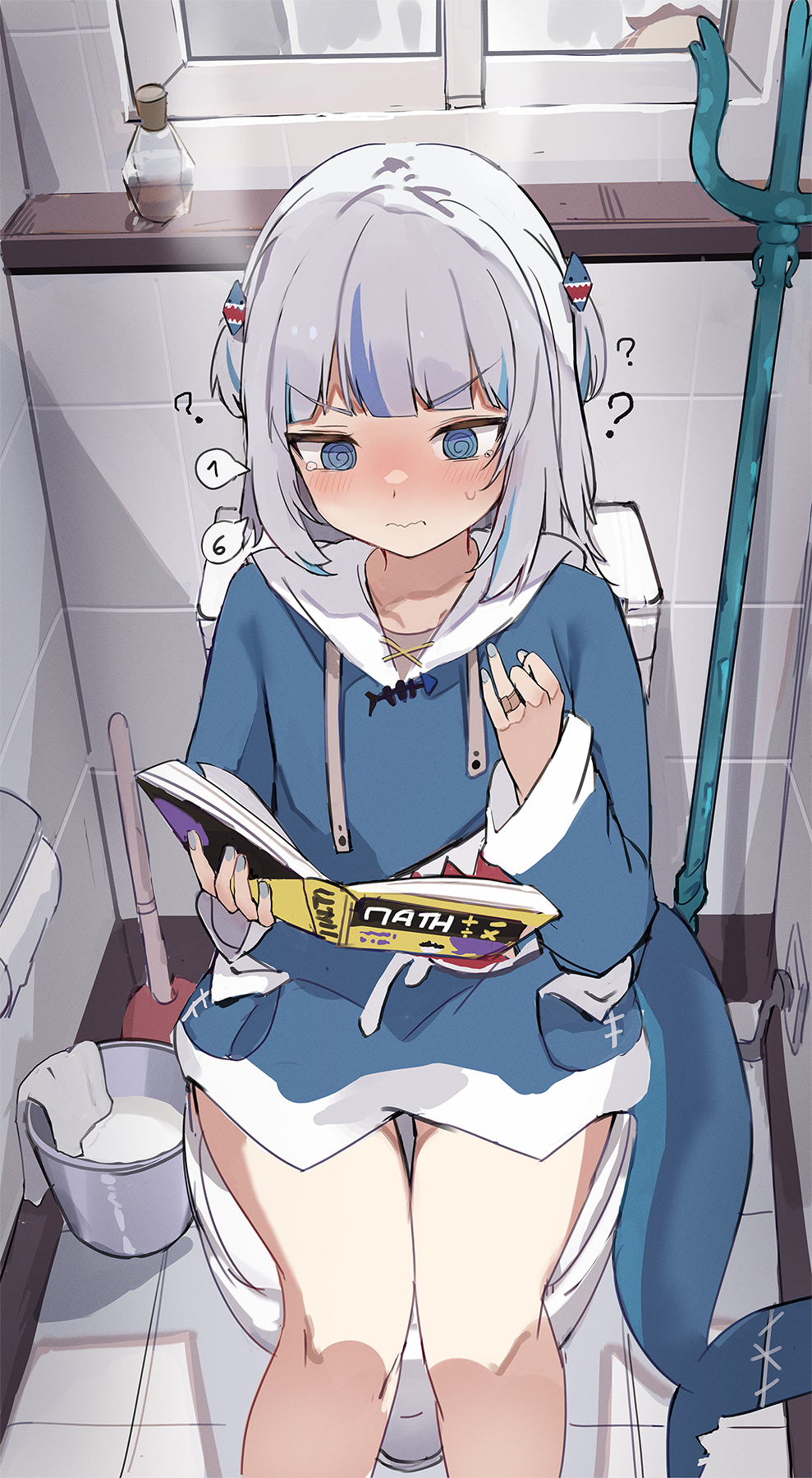1girl ? @_@ blue_eyes blue_hoodie blush book bucket closed_mouth commentary counting finger_counting fins fish_tail gawr_gura gawr_gura_(1st_costume) hair_ornament highres holding holding_book hololive hololive_english hood hoodie low_twintails math medium_hair multicolored_hair on_toilet orobou plunger polearm reading sidelocks solo streaked_hair symbol-only_commentary tail tears toilet trident twintails v-shaped_eyebrows virtual_youtuber wavy_mouth weapon white_hair