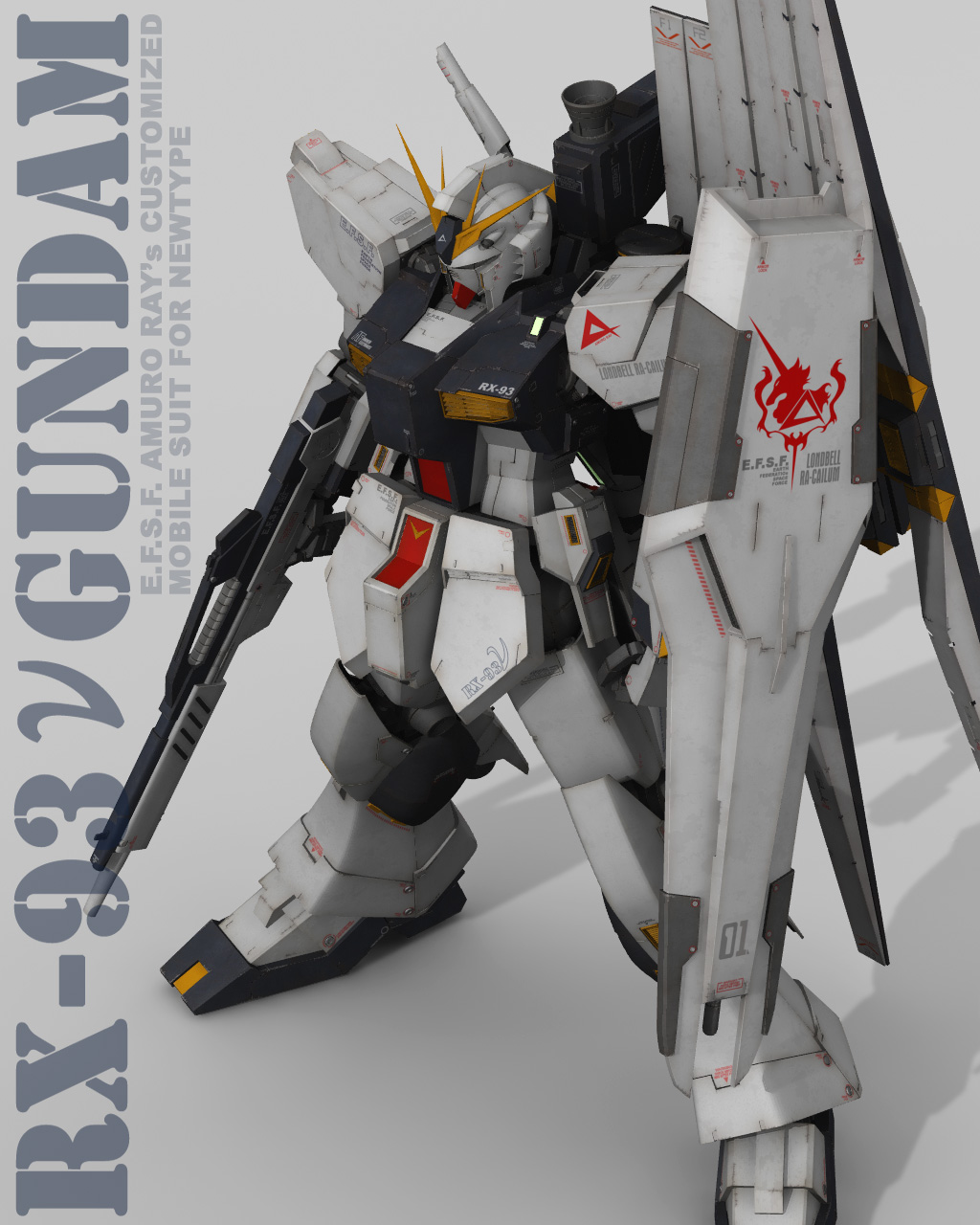 3d beam_rifle char&#039;s_counterattack character_name commentary_request earth_federation_space_forces energy_gun english_text fin_funnels gundam highres machinery mecha mecha_focus no_humans nu_gundam realistic robot roundel science_fiction shadow shield tomholy unicorn v-fin weapon