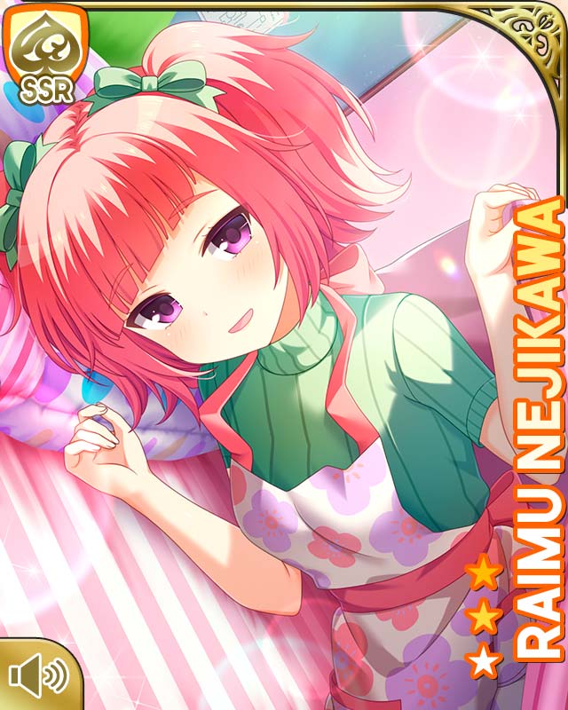 1girl apron black_thighhighs bow character_name denim denim_shorts girlfriend_(kari) glasses green_footwear hair_bow indoors lying nejikawa_raimu night official_art on_bed on_side open_mouth pink_hair purple_eyes qp:flapper robot shorts smile tagme teeth thighhighs twintails white_apron