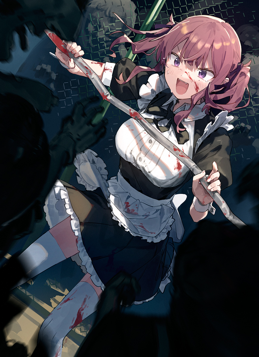 1girl alternate_costume apron black_dress black_ribbon blood blood_on_clothes blood_on_face blush breasts brown_hair cevio chain-link_fence commentary_request dent dress dutch_angle enmaided feet_out_of_frame fence hair_ribbon hands_up hitogome holding holding_lead_pipe holding_weapon large_breasts lead_pipe maid mole mole_under_eye natsuki_karin neck_ribbon open_mouth puffy_short_sleeves puffy_sleeves purple_eyes ribbon shirt short_dress short_sleeves smile solo_focus standing surrounded synthesizer_v tearing_up thighhighs twintails underbust v-shaped_eyebrows waist_apron weapon white_apron white_shirt white_thighhighs wrist_cuffs zombie