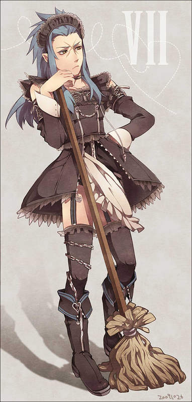 1boy bad_id bad_pixiv_id black_boots black_border black_choker black_dress black_garter_belt black_hairband black_socks blue_hair boots border chain choker cross_scar crossdressing dated detached_sleeves dress frilled_dress frilled_socks frills full_body garter_belt grey_background hairband hand_on_own_hip hand_up holding holding_mop kingdom_hearts knee_boots kneehighs light_frown long_hair looking_to_the_side maid maid_headdress male_focus mop pointy_ears saix scar scar_on_face shadow sidelocks socks standing tore_(ksg666xxx) white_sleeve_cuffs yellow_eyes