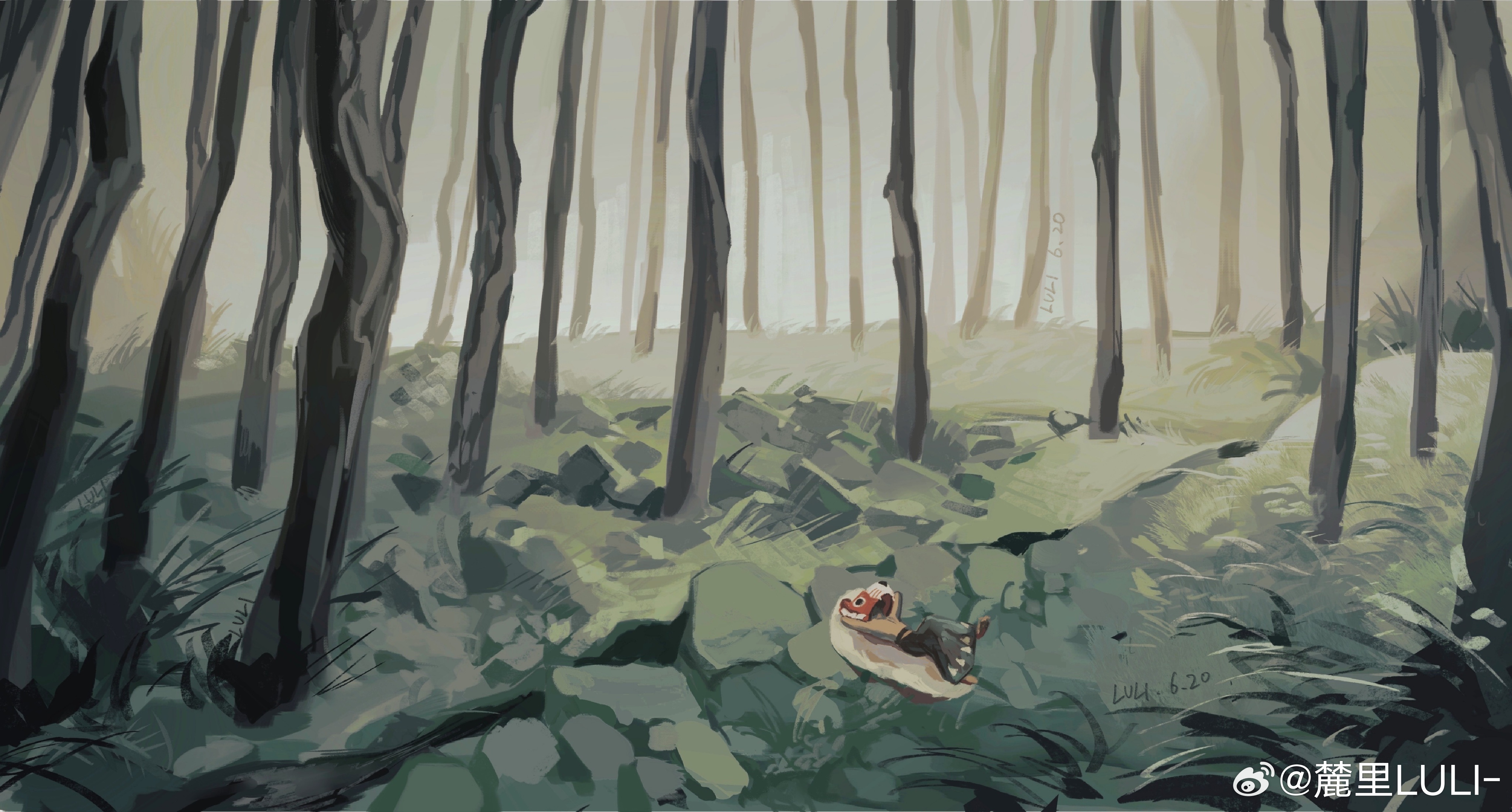 1other absurdres animal_hat blue_skirt forest grass hat highres luli_(crocowolf333) lying nature on_back original outdoors plant relaxing skirt topless_other tree watermark weibo_watermark