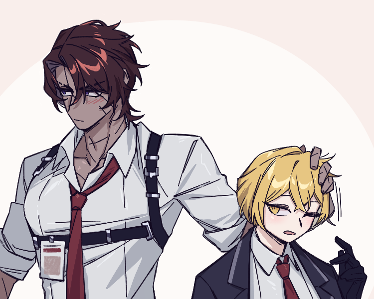 2boys black_coat black_gloves blonde_hair blush chest_harness closed_mouth coat collared_shirt gloves hand_up harness heathcliff_(project_moon) id_card lapels limbus_company looking_to_the_side mercuryhx multiple_boys necktie notched_lapels one_eye_closed petting project_moon red_necktie shirt sinclair_(project_moon) white_background white_shirt yellow_eyes