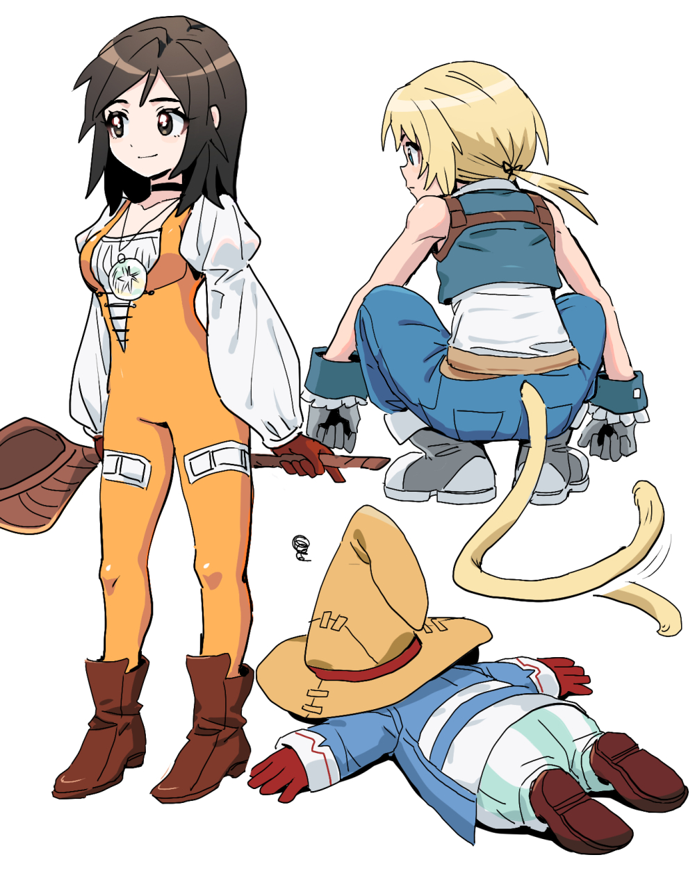 1girl 2boys bare_shoulders black_choker black_mage_(final_fantasy) blonde_hair blue_coat blue_eyes blue_pants blue_vest blue_wrist_cuffs bodysuit boots breasts brown_eyes brown_footwear brown_hair choker closed_mouth coat cropped_vest dede_(qwea_00000) facing_away facing_viewer final_fantasy final_fantasy_ix full_body garnet_til_alexandros_xvii gloves grey_footwear grey_gloves hat highres holding holding_staff jewelry juliet_sleeves long_sleeves low_ponytail lying medium_breasts monkey_tail multiple_boys on_stomach orange_bodysuit pants pendant ponytail puffy_long_sleeves puffy_sleeves red_gloves shirt short_hair short_hair_with_long_locks smile squatting squiggle staff standing striped_clothes striped_pants tail tail_wagging thigh_strap underbust vest vivi_ornitier white_background white_shirt wizard_hat wrist_cuffs zidane_tribal