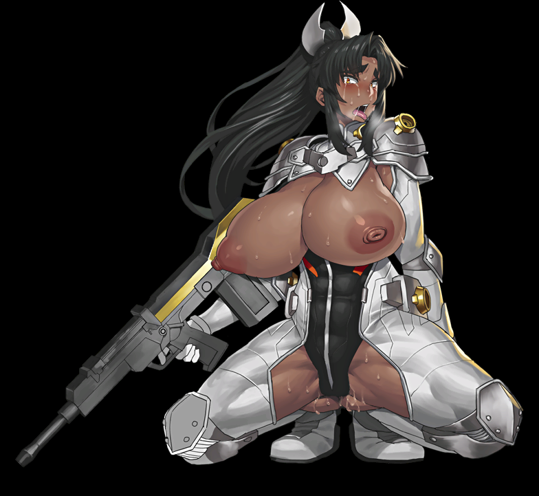 1girl armor ass assault_rifle assault_shooter black_hair black_leotard blush breasts breasts_out brown_eyes bullpup dark-skinned_female dark_skin female_focus full_body gun huge_breasts large_areolae leotard long_hair mirabell_bell moaning nipples obui open_mouth rifle solo squatting sweat taimanin_(series) taimanin_asagi tears thick_eyebrows tongue tongue_out weapon wide_hips