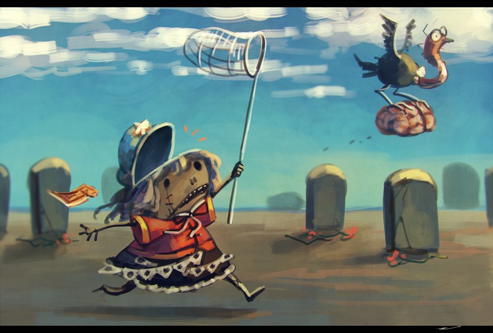 1girl bird brain butterfly_net carrying chasing cloud commentary_request day female_focus flower flying hand_net holding jiangshi koto_inari letterboxed miyako_yoshika ofuda ofuda_removed outdoors shirt short_hair solo stitches tombstone touhou vest vulture wings