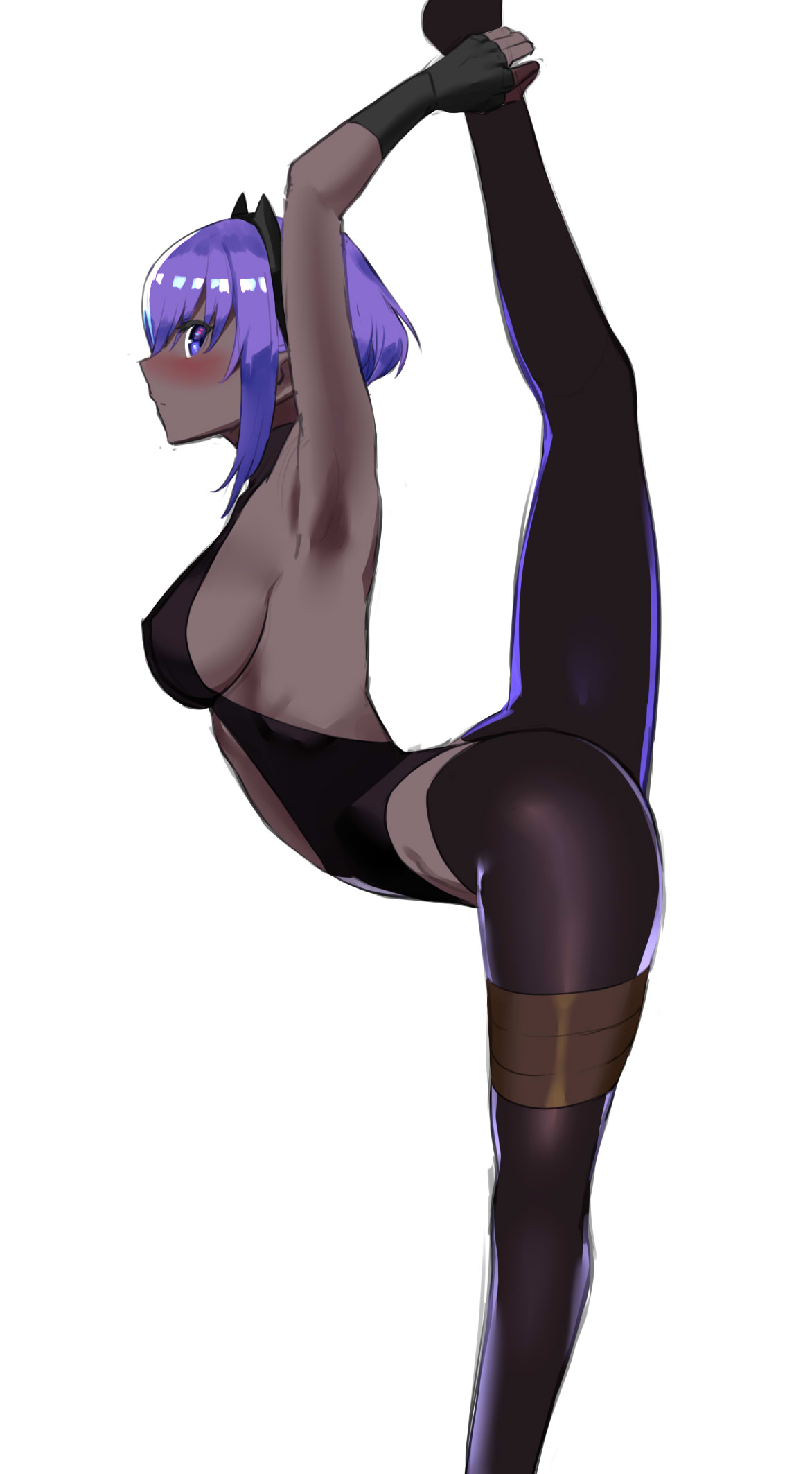 1girl blush breasts colored_skin dark-skinned_female dark_skin fate/grand_order fate_(series) fingerless_gloves gloves grey_skin hassan_of_serenity_(fate) highres medium_breasts pants profile purple_eyes purple_hair split standing standing_on_one_leg standing_split tight_clothes tight_pants ukimukai white_background