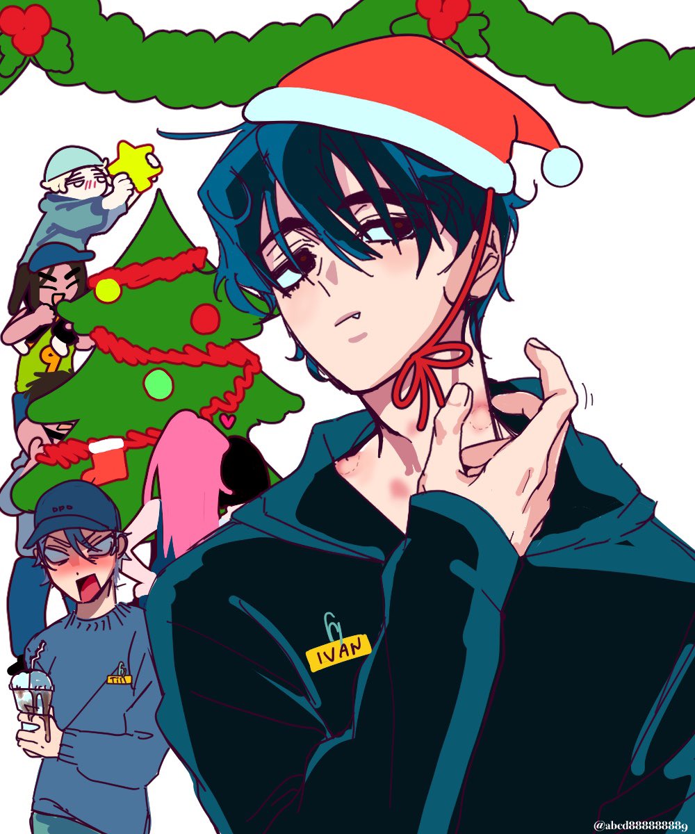 3boys 3girls abcd888888889 alien_stage bad_id bad_twitter_id baseball_cap bite_mark bite_mark_on_neck black_eyes black_hair black_hoodie blank_eyes blue_hat blue_sweater christmas christmas_tree closed_mouth cup decorating_christmas_tree disposable_cup fang fang_out garland_(decoration) hat hickey highres holding holding_cup hood hoodie hyuna_(alien_stage) ivan_(alien_stage) long_sleeves luka_(alien_stage) male_focus mizi_(alien_stage) multiple_boys multiple_girls name_tag paperclip red_pupils santa_hat solo_focus sua_(alien_stage) surprised sweater till_(alien_stage)
