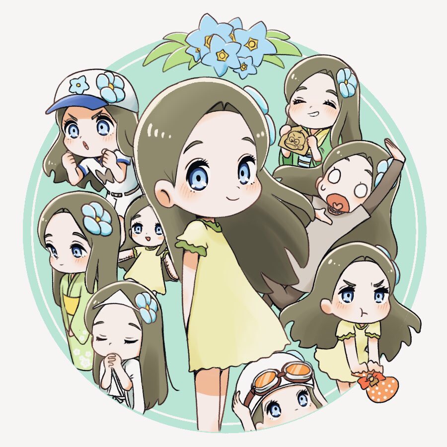 1girl adjusting_clothes adjusting_headwear arm_behind_back baseball_uniform blank_eyes blue_eyes blue_flower brown_hair character_doll chibita curtained_hair dress ema flower flower_fairy_(osomatsu-kun) forget-me-not_(flower) funeral_dress goggles goggles_on_headwear green_kimono grin hair_flower hair_ornament heart heart_in_mouth helmet hinakura3 holding japanese_clothes kimono multiple_views official_alternate_costume osomatsu-san osomatsu_(series) outside_border pouch pout praying sheeeh! smile sportswear stitches sweatdrop triangular_headpiece white_kimono yellow_dress