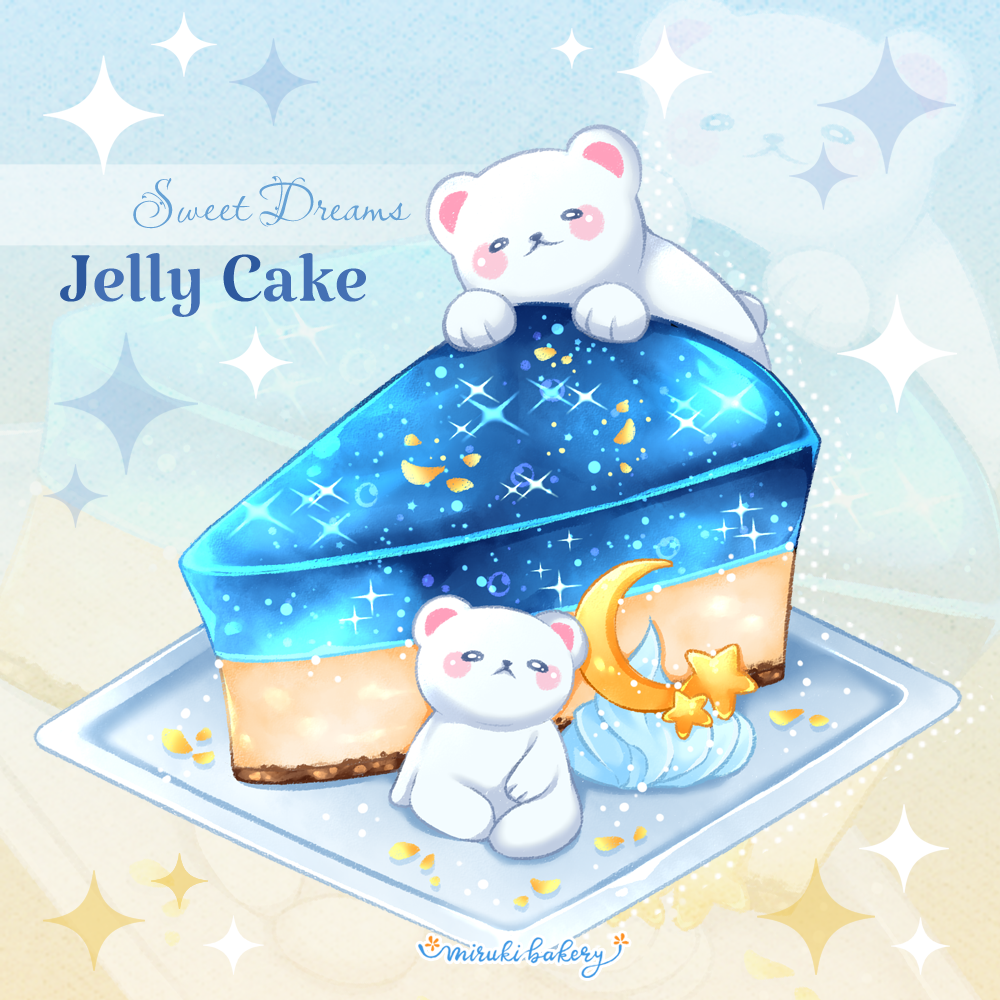 artist_name bear blue_background cake cake_slice chocomiruki commentary_request crescent english_text food food_focus gelatin gradient_background light_particles no_humans on_food original petals plate polar_bear sitting sparkle star_(symbol) yellow_background zoom_layer